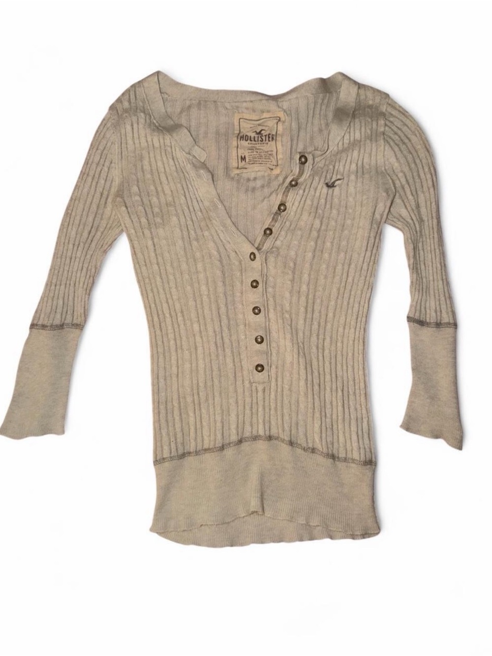 Vintage Hollister Women's Cream Ribbed Henley Sweater